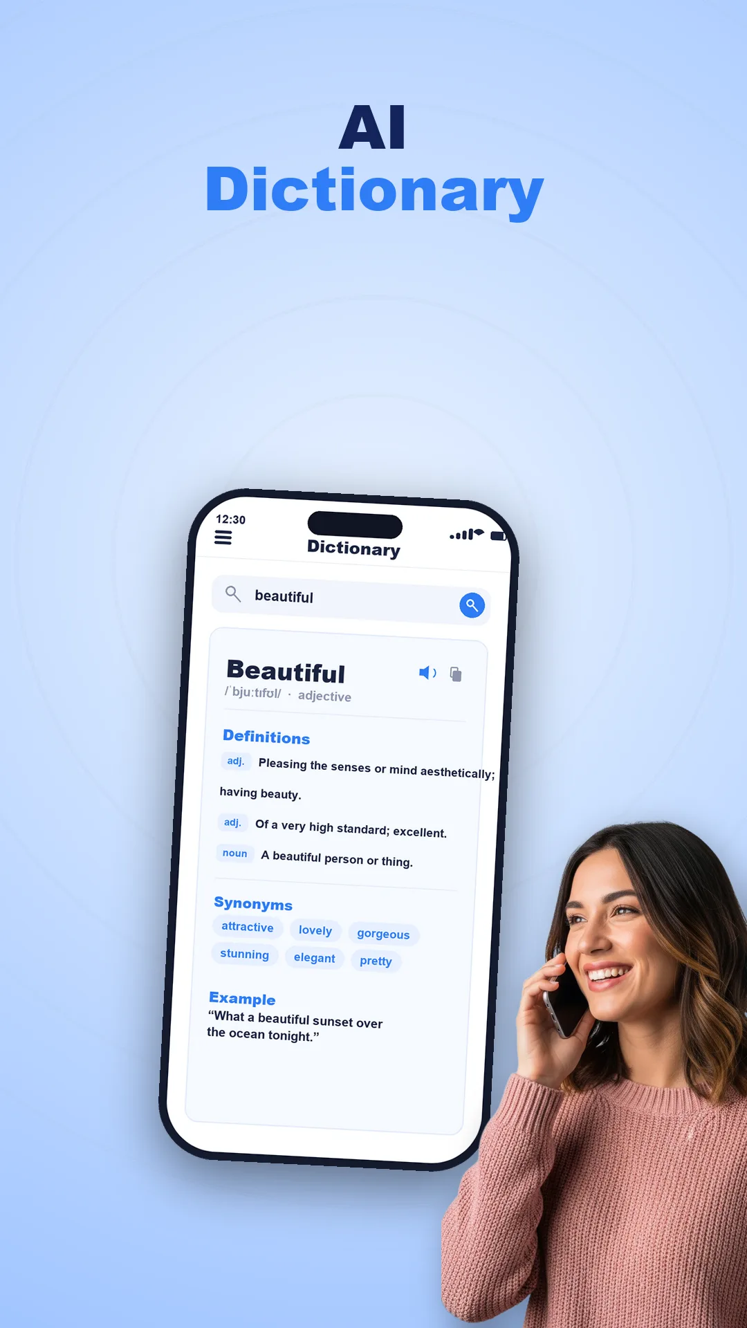 Built-in dictionary showing a word and its definitions